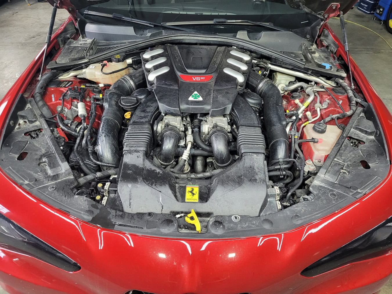 Alfa Romeo Giulia Quadrifoglio motortér gőzös tisztítás után